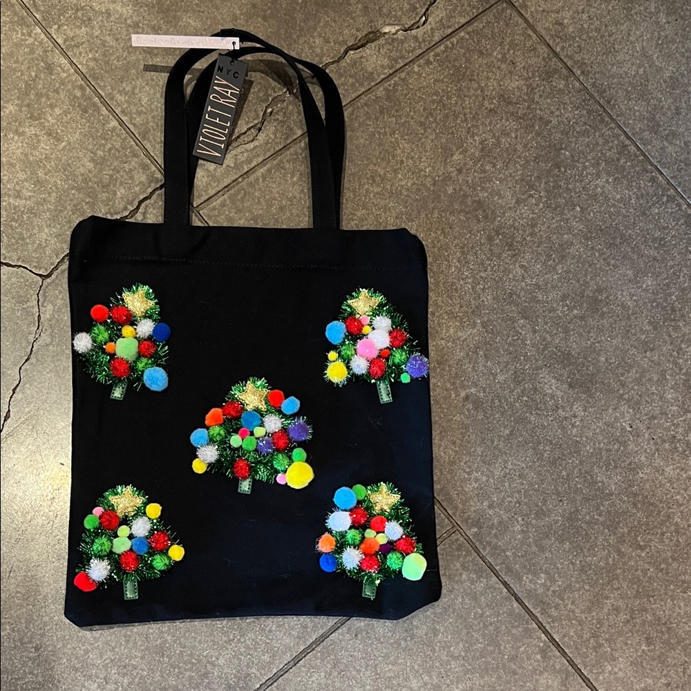 Violet Ray NYC Black Christmas Tote with Colorful Pom-Pom Trees - Picture 14 of 14